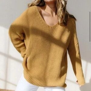 Jenni Kayne Yellow V-Neck Sweater with Ribbed Texture